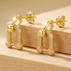 925 Sterling Silver Yellow Gold Plated U-Link Pavé Drop Earrings for Women Modern Jewellery