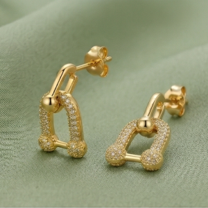 925 Sterling Silver Yellow Gold Plated U-Link Pavé Drop Earrings for Women Modern Jewellery