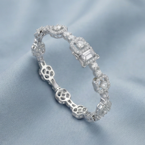 AGOR 925 Sterling Silver Geometric Halo Link Bracelet High Polish Rhodium Finish Jewellery