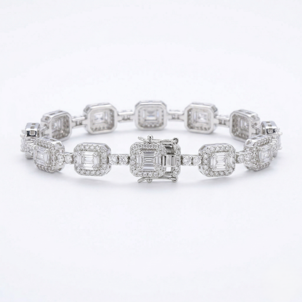 AGOR 925 Sterling Silver Radiant Halo Link Bracelet High Polish Rhodium Finish Jewellery