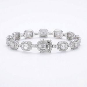 AGOR 925 Sterling Silver Radiant Halo Link Bracelet High Polish Rhodium Finish Jewellery