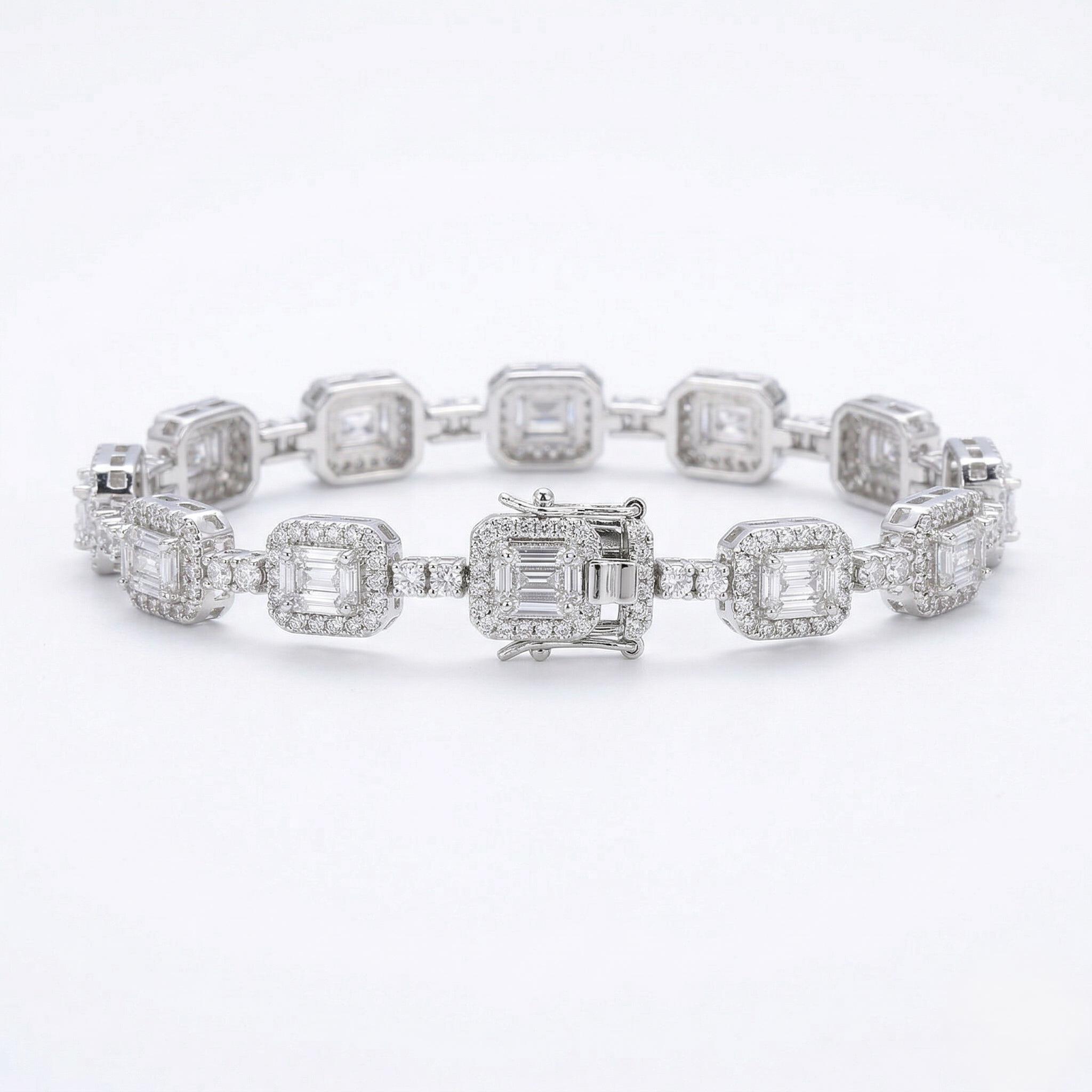 925 Sterling Silver Radiant Halo Link Bracelet High Polish Rhodium Finish Jewellery