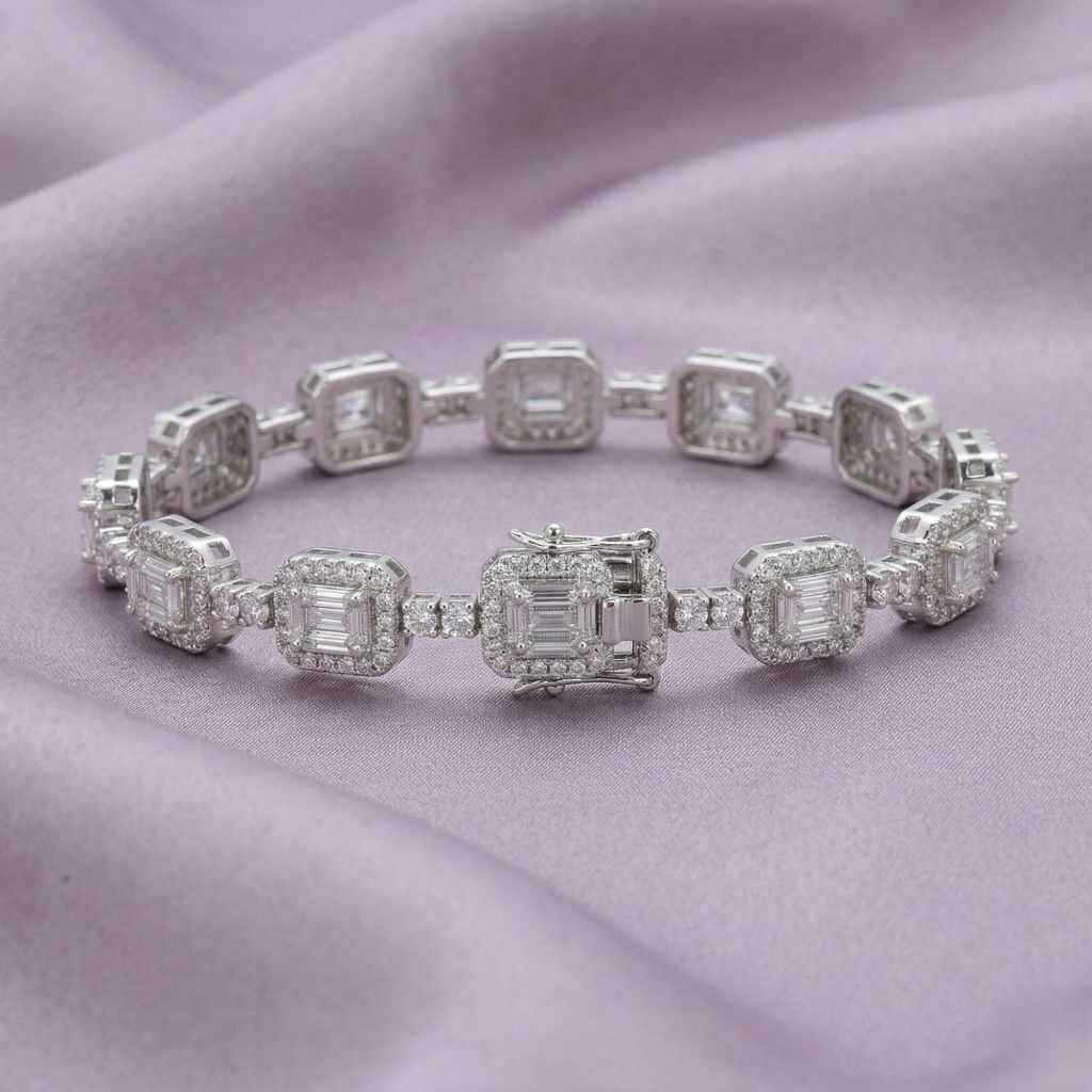 AGOR 925 Sterling Silver Radiant Halo Link Bracelet High Polish Rhodium Finish Jewellery