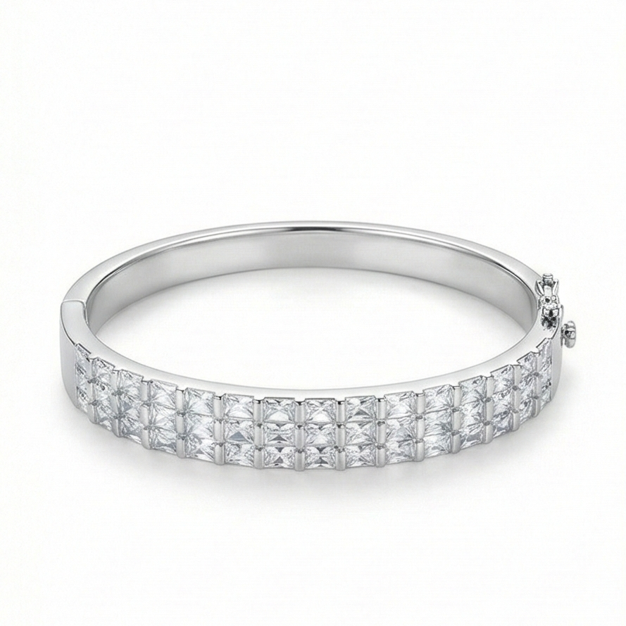 925 Sterling Silver Double Row Hinged Bangle High Polish Rhodium Finish Jewellery