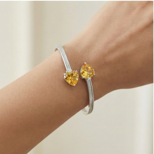 AGOR 925 Sterling Silver Open Cuff Amber Heart Bracelet High Polish Rhodium Finish Jewellery