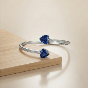 AGOR 925 Sterling Silver Blue Heart Cuff Bracelet High Polish Rhodium Finish Jewellery
