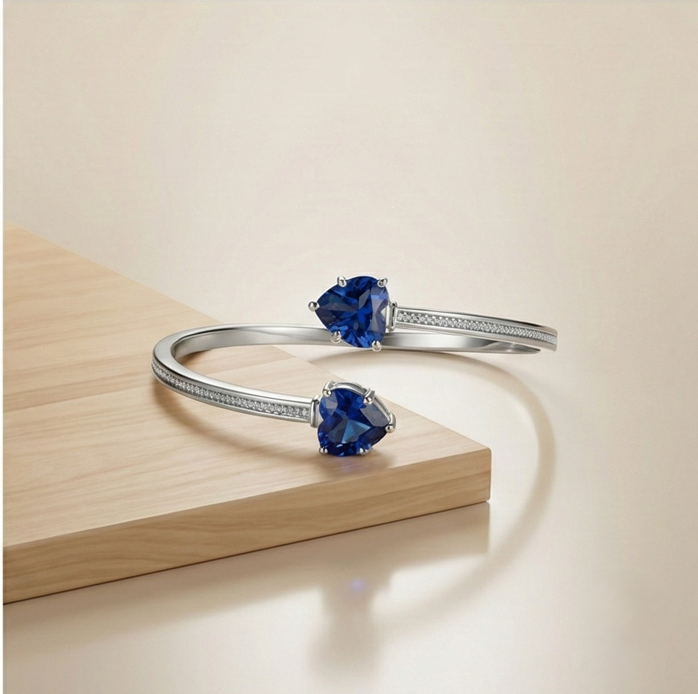 925 Sterling Silver Blue Heart Cuff Bracelet High Polish Rhodium Finish Jewellery
