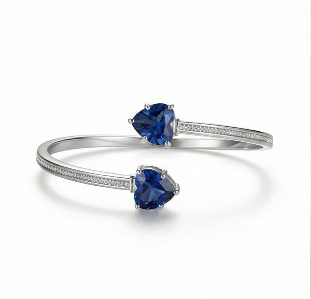 AGOR 925 Sterling Silver Blue Heart Cuff Bracelet High Polish Rhodium Finish Jewellery