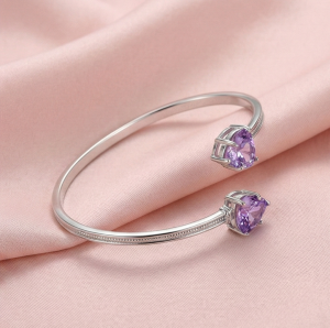 AGOR 925 Sterling Silver Purple Heart Cuff Bracelet High Polish Rhodium Finish Jewellery