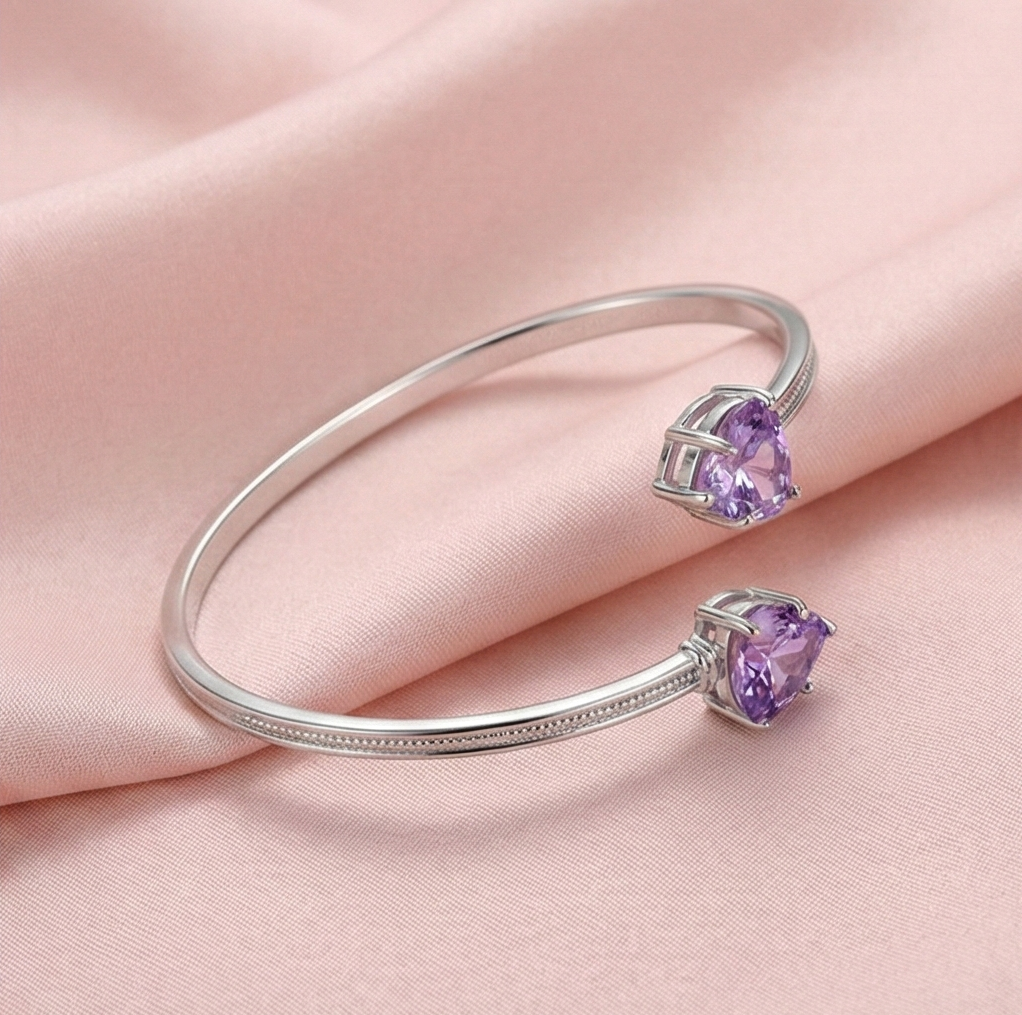 925 Sterling Silver Purple Heart Cuff Bracelet High Polish Rhodium Finish Jewellery
