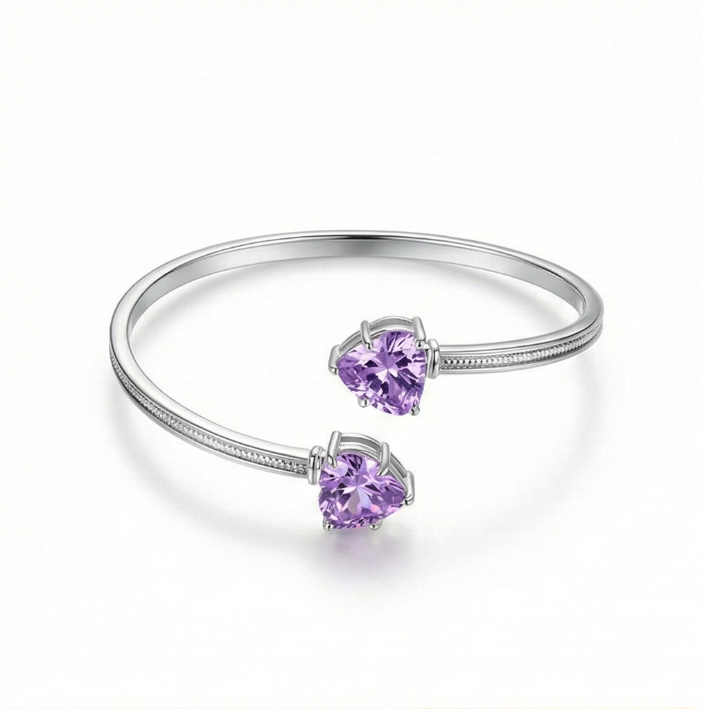 925 Sterling Silver Purple Heart Cuff Bracelet High Polish Rhodium Finish Jewellery