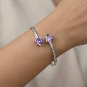 AGOR 925 Sterling Silver Purple Heart Cuff Bracelet High Polish Rhodium Finish Jewellery