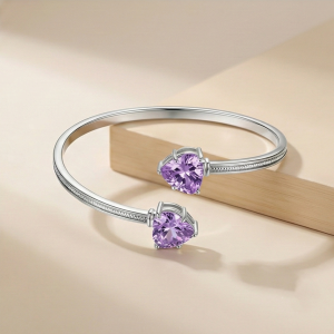 AGOR 925 Sterling Silver Purple Heart Cuff Bracelet High Polish Rhodium Finish Jewellery