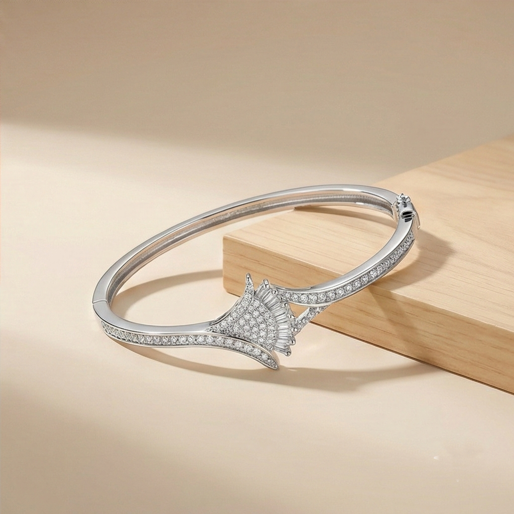 925 Sterling Silver Geometric Hinged Bangle High Polish Rhodium Finish Jewellery