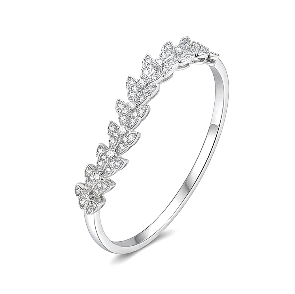 AGOR 925 Sterling Silver Leaf Motif Kada Bracelet High Polish Rhodium Finish Nature Inspired Jewellery