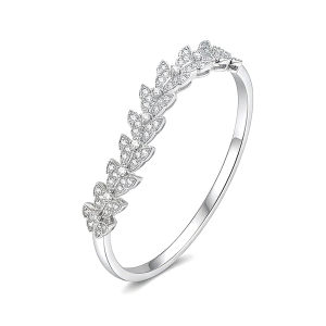 AGOR 925 Sterling Silver Leaf Motif Kada Bracelet High Polish Rhodium Finish Nature Inspired Jewellery