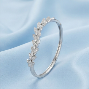 AGOR 925 Sterling Silver Leaf Motif Kada Bracelet High Polish Rhodium Finish Nature Inspired Jewellery