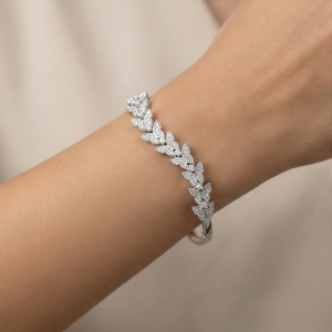 AGOR 925 Sterling Silver Leaf Motif Kada Bracelet High Polish Rhodium Finish Nature Inspired Jewellery