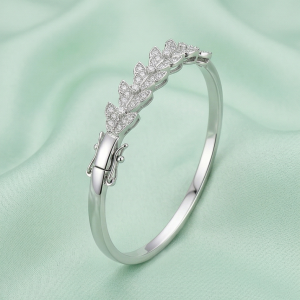 AGOR 925 Sterling Silver Leaf Motif Kada Bracelet High Polish Rhodium Finish Nature Inspired Jewellery