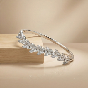 AGOR 925 Sterling Silver Leaf Motif Kada Bracelet High Polish Rhodium Finish Nature Inspired Jewellery