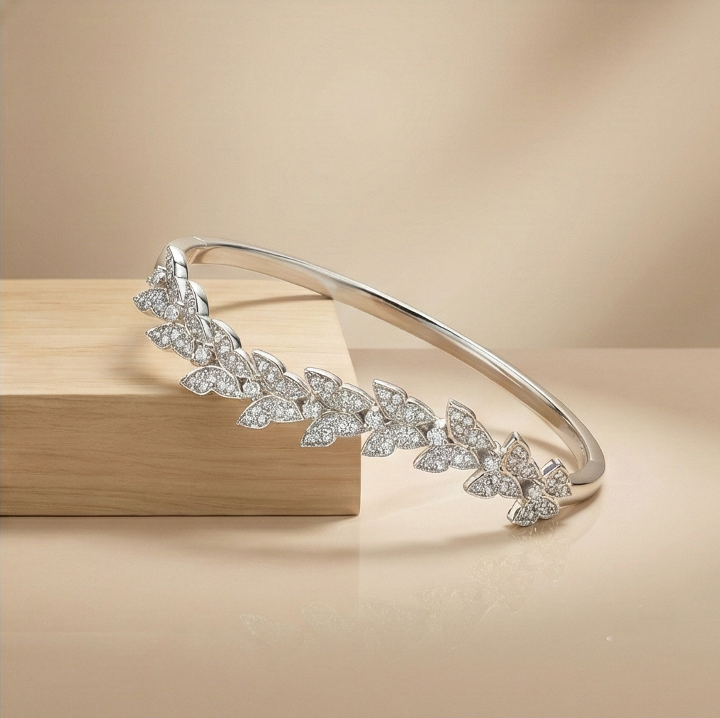 925 Sterling Silver Leaf Motif Kada Bracelet High Polish Rhodium Finish Nature Inspired Jewellery