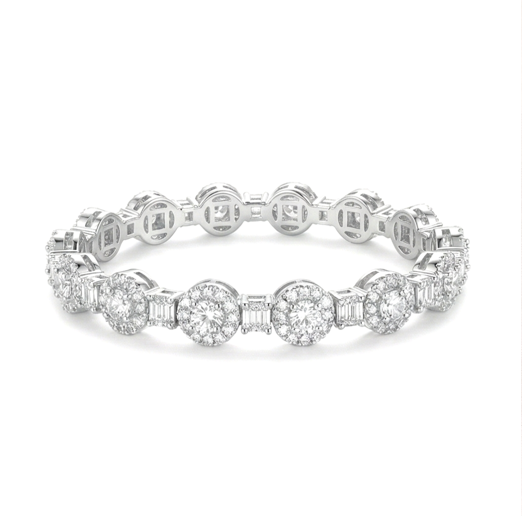 AGOR 925 Sterling Silver Halo Link Hinged Kada Bracelet High Polish Rhodium Finish Bridal Jewellery