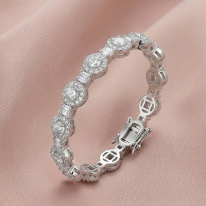 AGOR 925 Sterling Silver Halo Link Hinged Kada Bracelet High Polish Rhodium Finish Bridal Jewellery