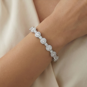 AGOR 925 Sterling Silver Halo Link Hinged Kada Bracelet High Polish Rhodium Finish Bridal Jewellery