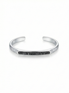 AGOR 925 Sterling Silver Contrast Black Detail Open Cuff Bracelet High Polish Rhodium Finish Fashion Jewellery