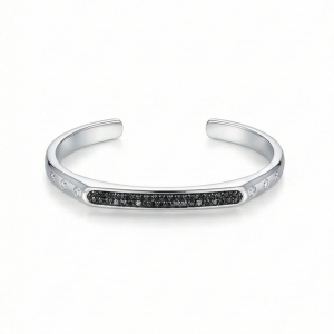 925 Sterling Silver Contrast Black Detail Open Cuff Bracelet High Polish Rhodium Finish Fashion Jewellery