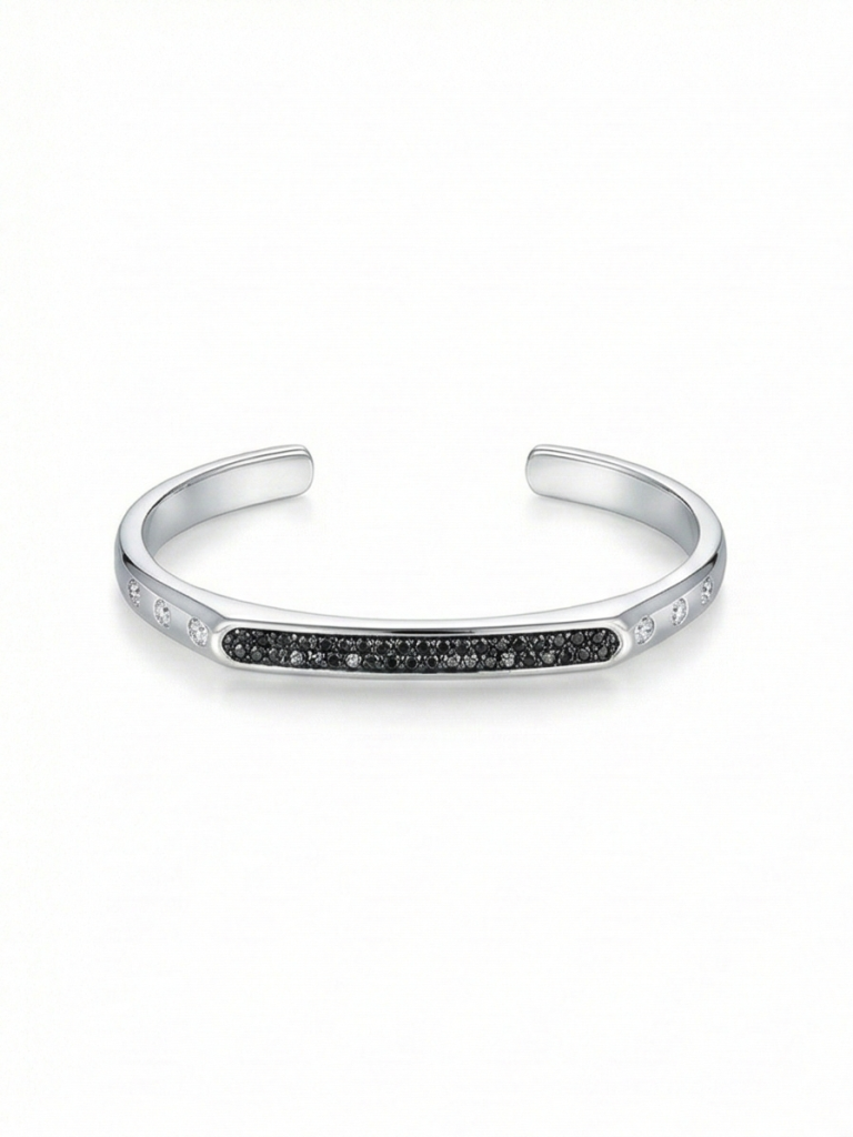 AGOR 925 Sterling Silver Contrast Black Detail Open Cuff Bracelet High Polish Rhodium Finish Fashion Jewellery