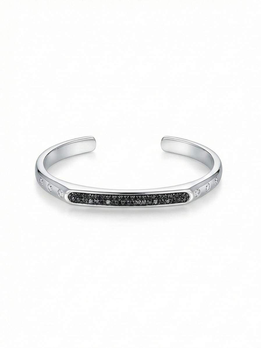 925 Sterling Silver Contrast Black Detail Open Cuff Bracelet High Polish Rhodium Finish Fashion Jewellery