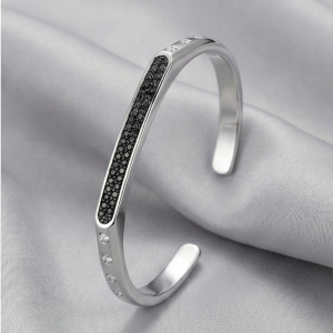 925 Sterling Silver Contrast Black Detail Open Cuff Bracelet High Polish Rhodium Finish Fashion Jewellery