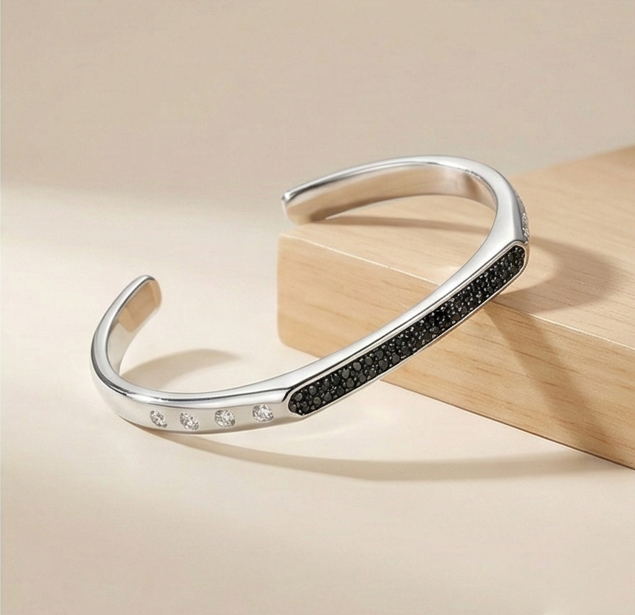 925 Sterling Silver Contrast Black Detail Open Cuff Bracelet High Polish Rhodium Finish Fashion Jewellery