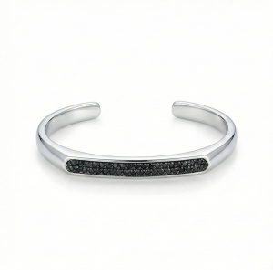AGOR 925 Sterling Silver Black Stone Open Cuff Bracelet High Polish Rhodium Finish Statement Jewellery