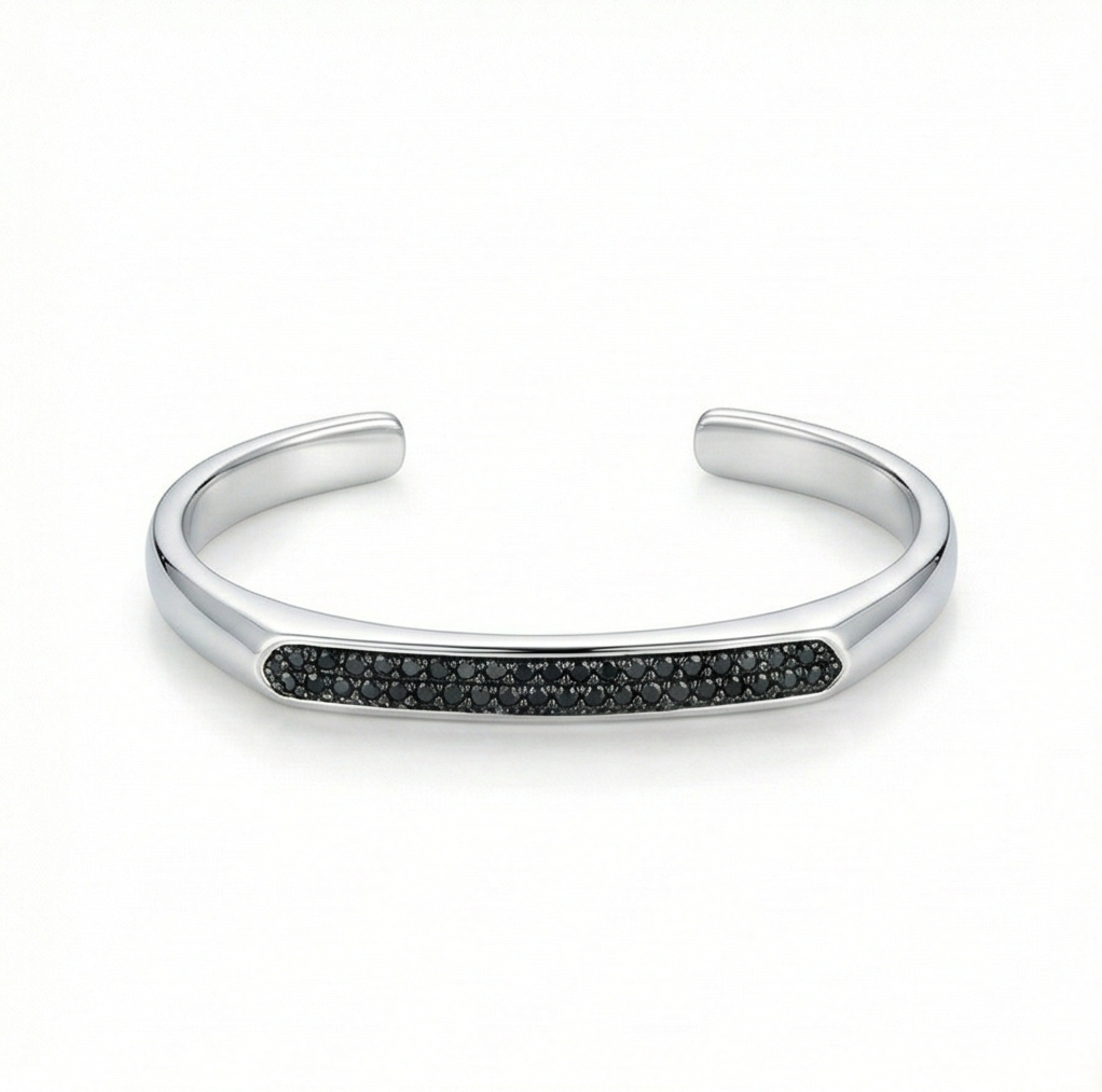 925 Sterling Silver Black Stone Open Cuff Bracelet High Polish Rhodium Finish Statement Jewellery