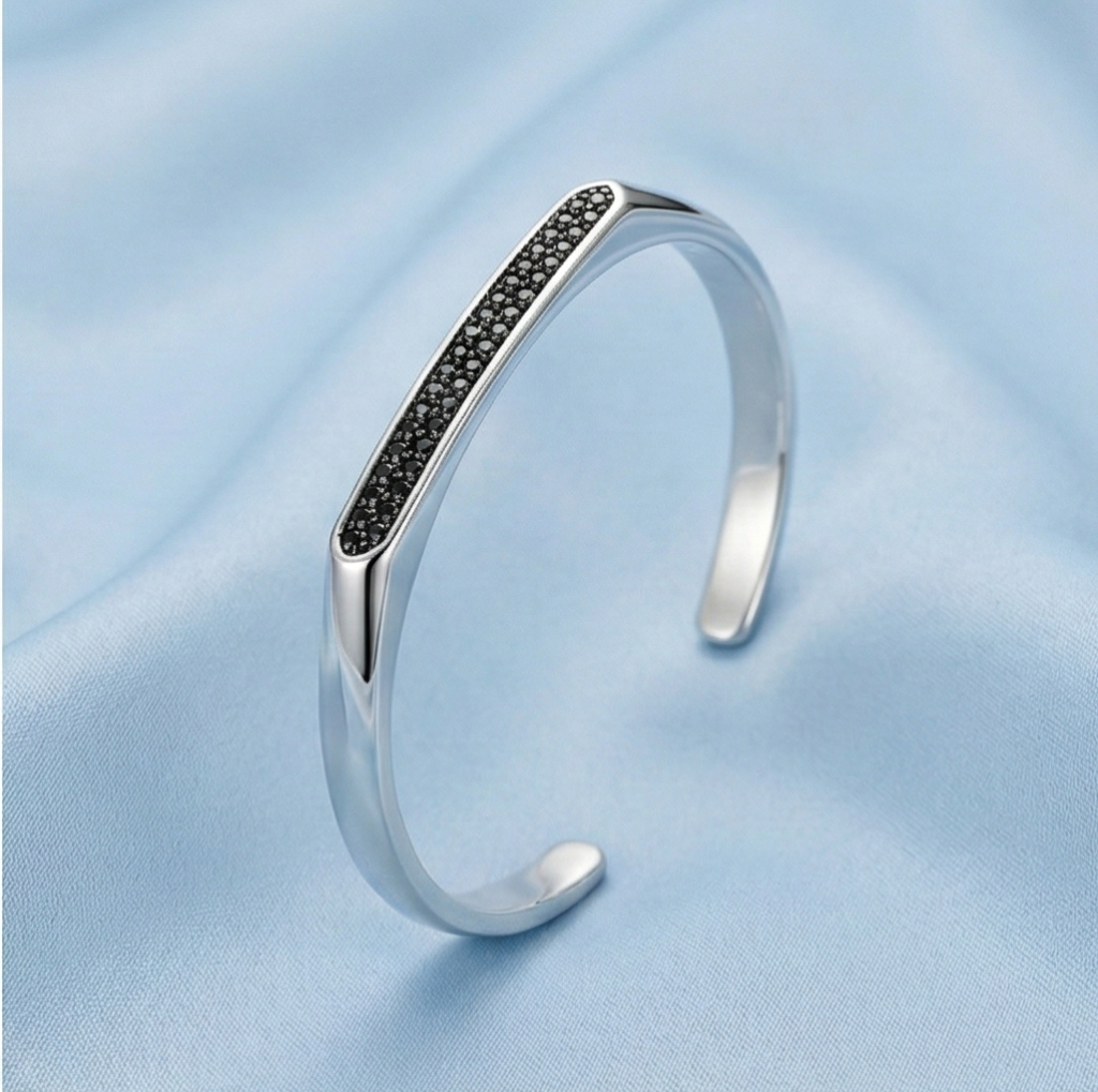 AGOR 925 Sterling Silver Black Stone Open Cuff Bracelet High Polish Rhodium Finish Statement Jewellery