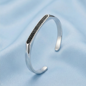 AGOR 925 Sterling Silver Black Stone Open Cuff Bracelet High Polish Rhodium Finish Statement Jewellery