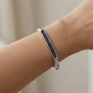 AGOR 925 Sterling Silver Black Stone Open Cuff Bracelet High Polish Rhodium Finish Statement Jewellery