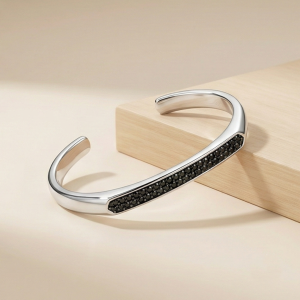 925 Sterling Silver Black Stone Open Cuff Bracelet High Polish Rhodium Finish Statement Jewellery