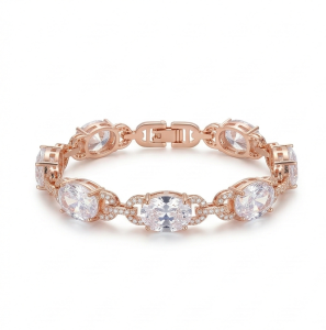 AGOR 925 Sterling Silver Rose Gold Plated Oval Halo Link Premium Bracelet Jewellery for Women
