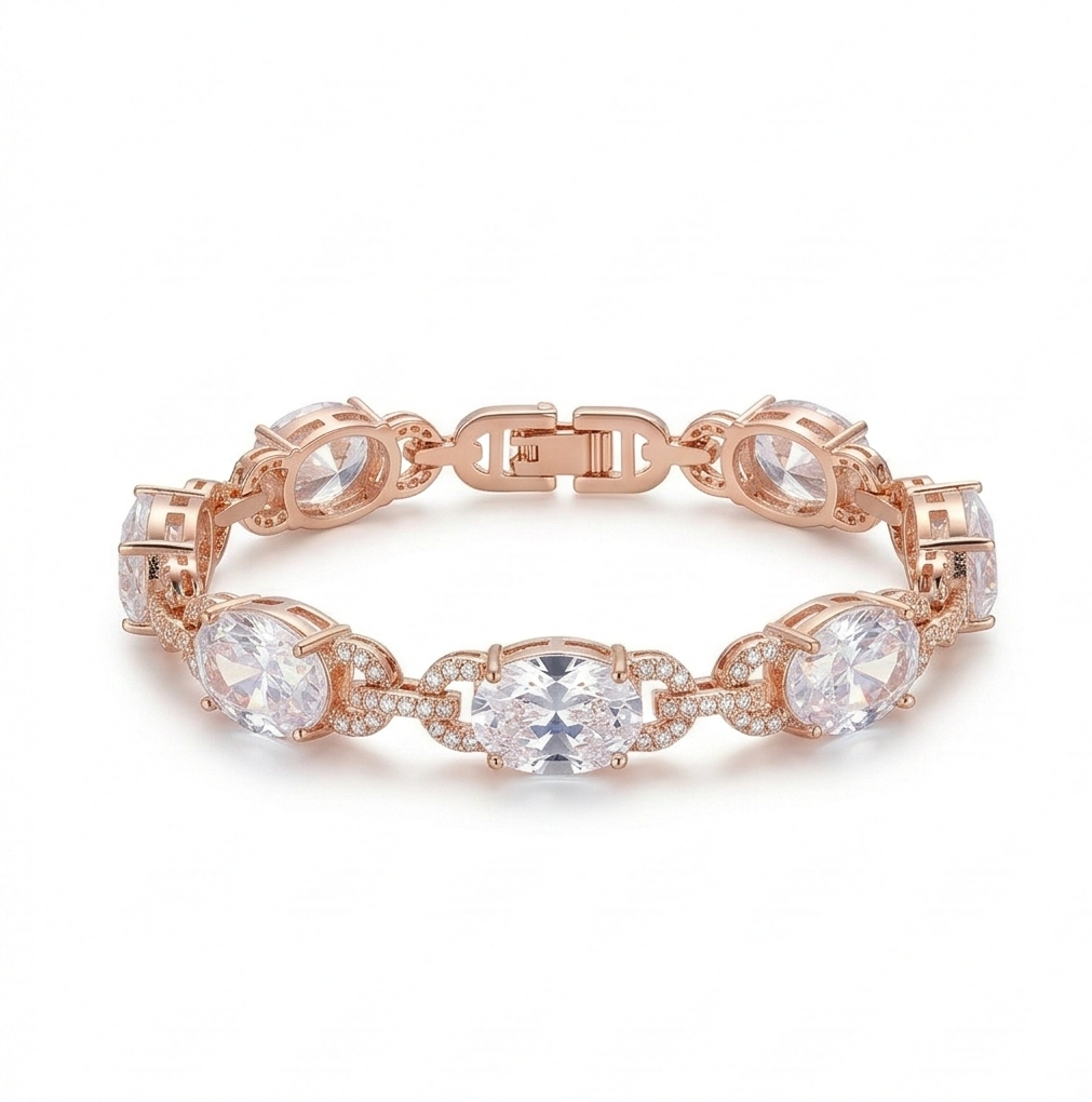 925 Sterling Silver Rose Gold Plated Oval Halo Link Premium Bracelet Jewellery for Women