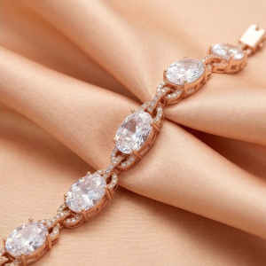 AGOR 925 Sterling Silver Rose Gold Plated Oval Halo Link Premium Bracelet Jewellery for Women