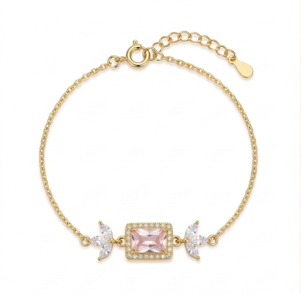AGOR 925 Sterling Silver Gold Plated Pink Rectangular Floral Chain Bracelet Premium Jewellery for Women