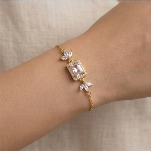 925 Sterling Silver Gold Plated Pink Rectangular Floral Chain Bracelet Premium Jewellery for Women
