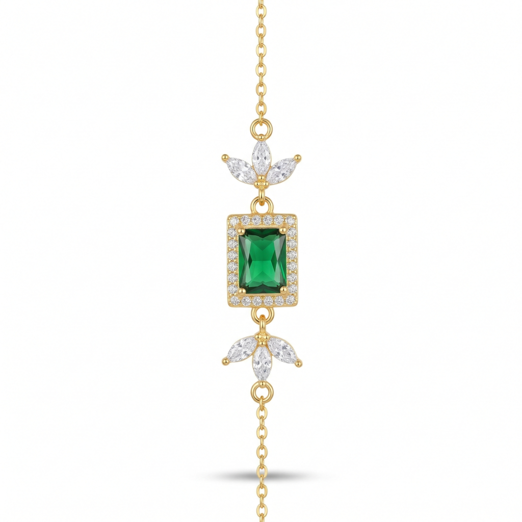 AGOR 925 Sterling Silver Gold Plated Emerald Green Rectangular Floral Chain Bracelet Premium Jewellery for Women