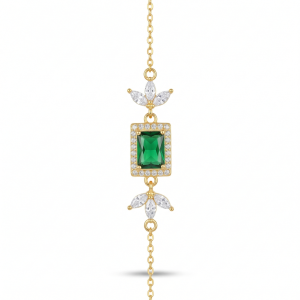 AGOR 925 Sterling Silver Gold Plated Emerald Green Rectangular Floral Chain Bracelet Premium Jewellery for Women
