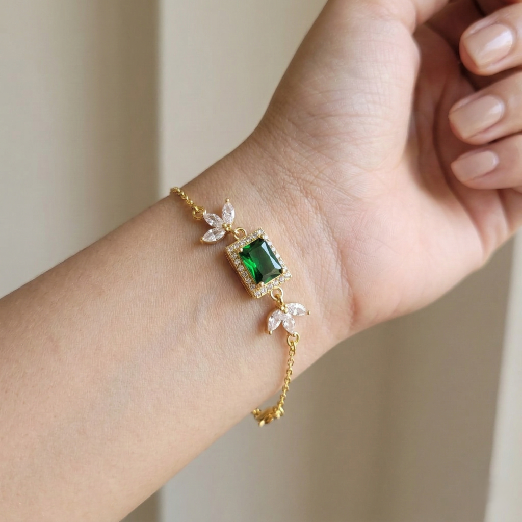 AGOR 925 Sterling Silver Gold Plated Emerald Green Rectangular Floral Chain Bracelet Premium Jewellery for Women