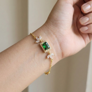 AGOR 925 Sterling Silver Gold Plated Emerald Green Rectangular Floral Chain Bracelet Premium Jewellery for Women