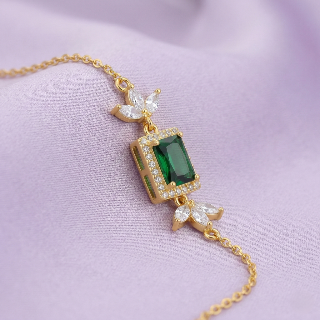 AGOR 925 Sterling Silver Gold Plated Emerald Green Rectangular Floral Chain Bracelet Premium Jewellery for Women